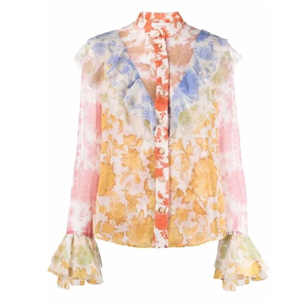 Zimmermann Postcard Print Ruffle Silk Blend Blouse